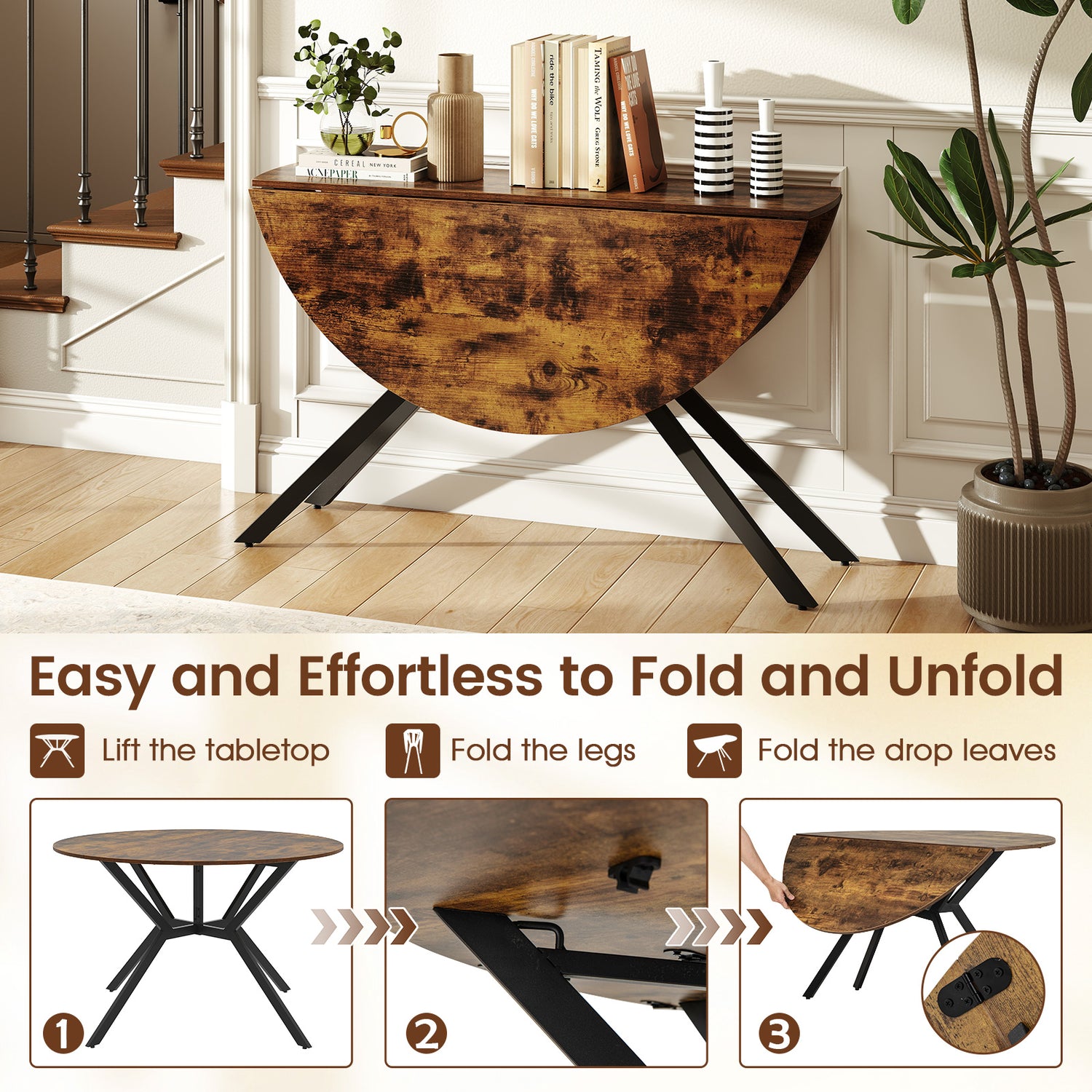 Folding Dining Table 47 Inch Extendable Round Kitchen Table with Drop Leaves