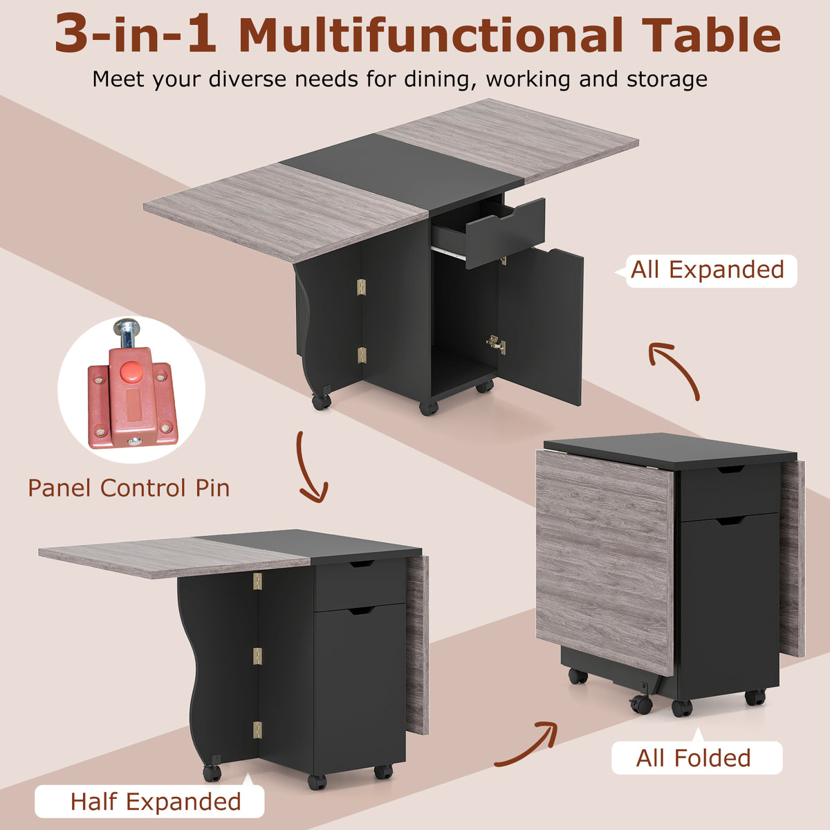 Folding Dining Table 3-in-1 Space-Saving Drop Leaf Kitchen Table with Lockable Wheels