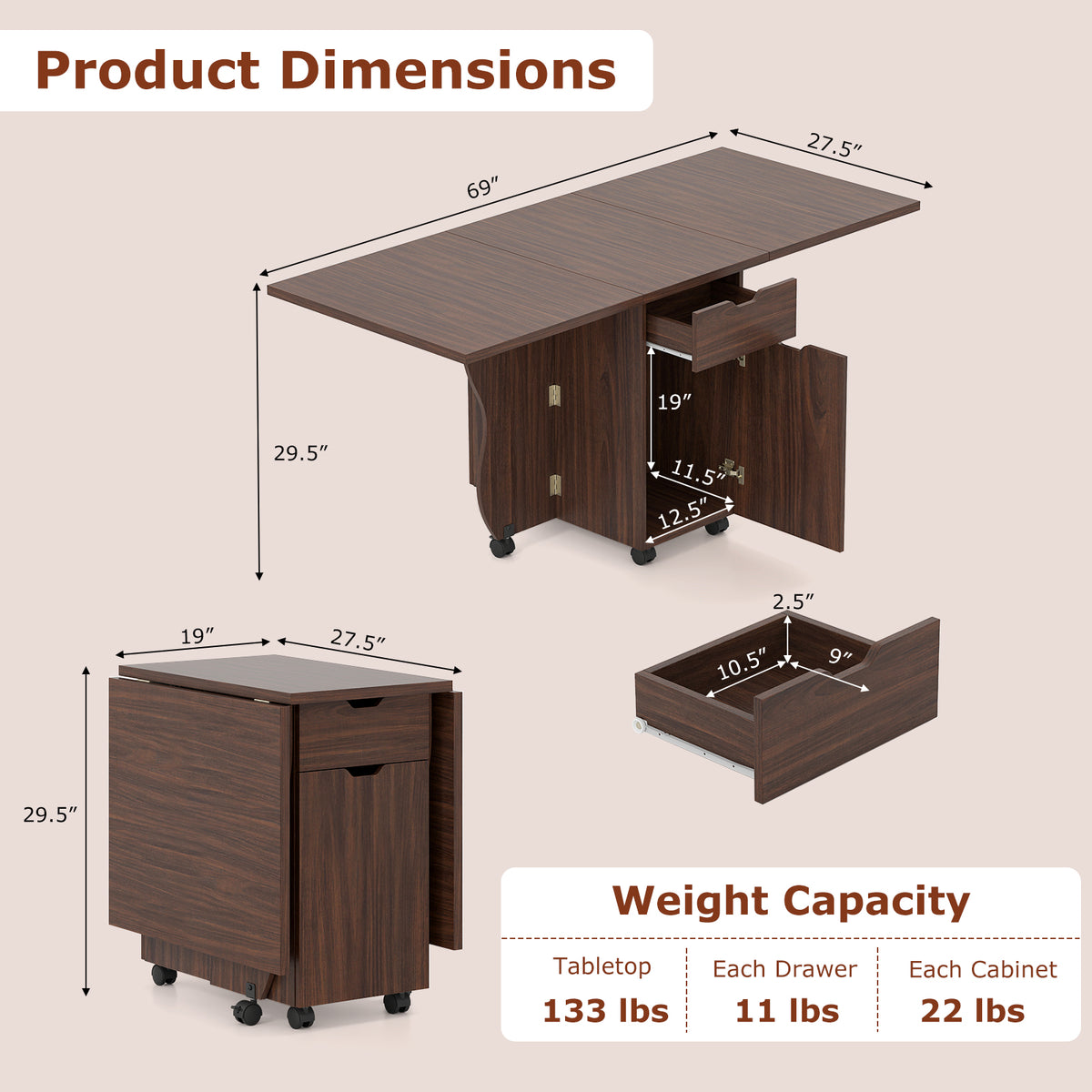 Folding Dining Table 3-in-1 Space-Saving Drop Leaf Kitchen Table with Lockable Wheels