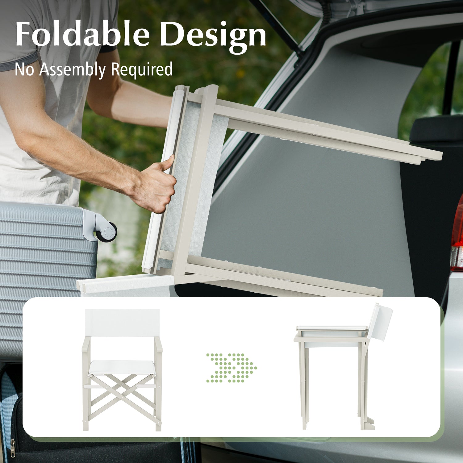 Folding Director Chair with Acacia Wood Frame and Machine Washable Oxford Fabric-Off White