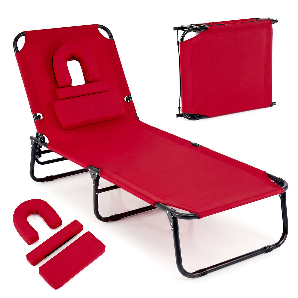 Folding Face Down Tanning Chair with Face Hole 3 Removable Pillows
