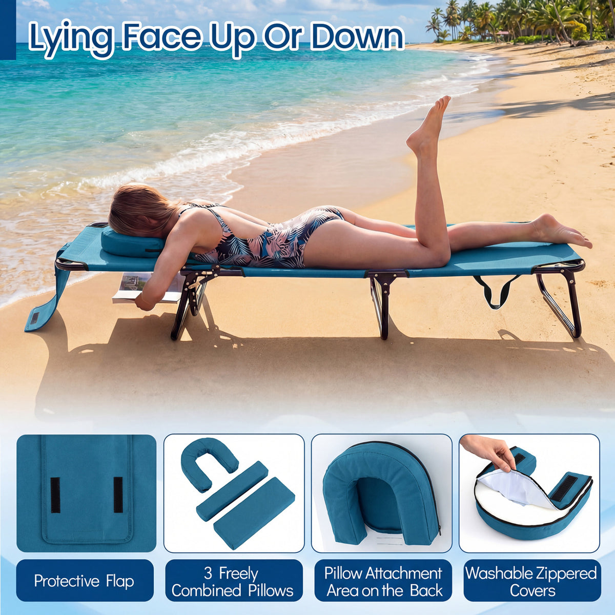 Folding Face Down Tanning Chair with Face Hole 3 Removable Pillows