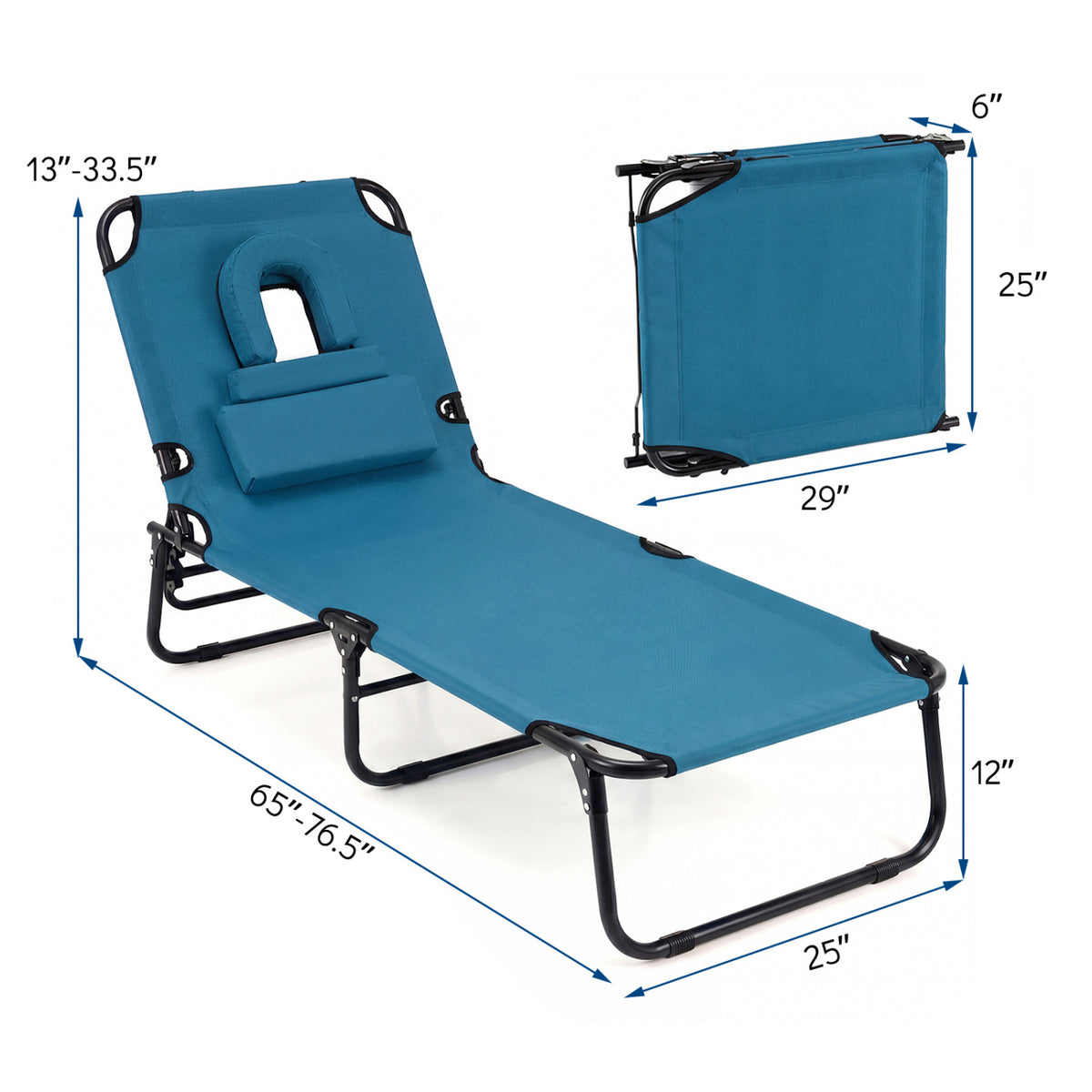 Folding Face Down Tanning Chair with Face Hole 3 Removable Pillows