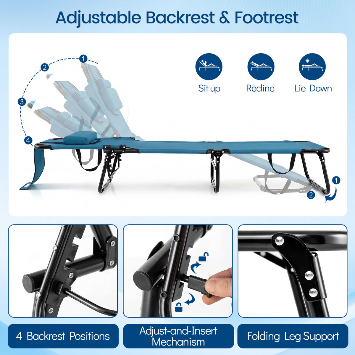 Folding Face Down Tanning Chair with Face Hole 3 Removable Pillows
