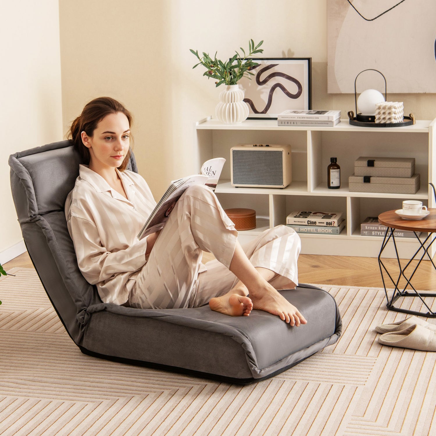 Folding Floor Chair Convertible Lazy Chair with 14-Poistion Adjustable Backrest