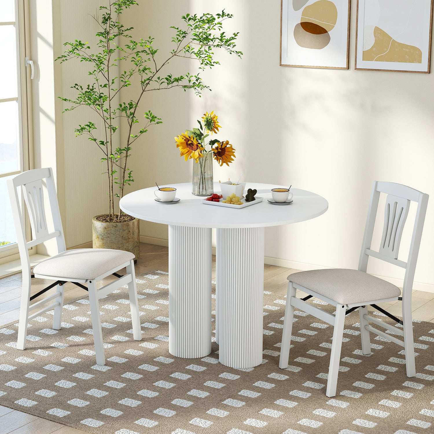 Folding Kitchen Chairs Set of 2 Upholstered Dining Chairs with Comfy Padded Seats-White