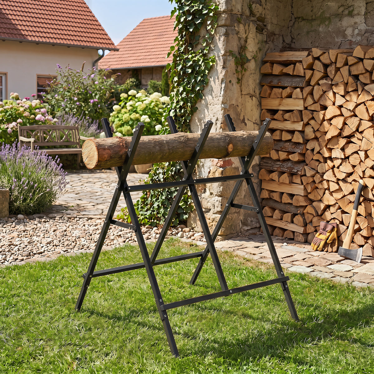 Folding Log Saw Horse with Anti-Slip Sawteeth and Non-Slip Foot Pads Heavy Duty
