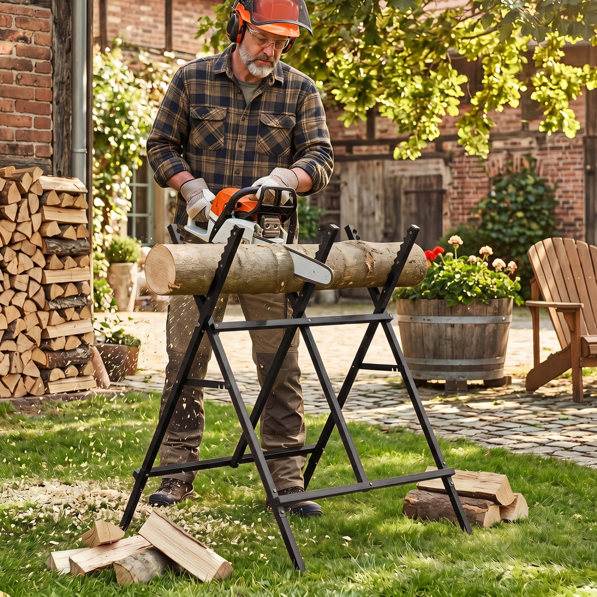 Folding Log Saw Horse with Anti-Slip Sawteeth and Non-Slip Foot Pads Heavy Duty
