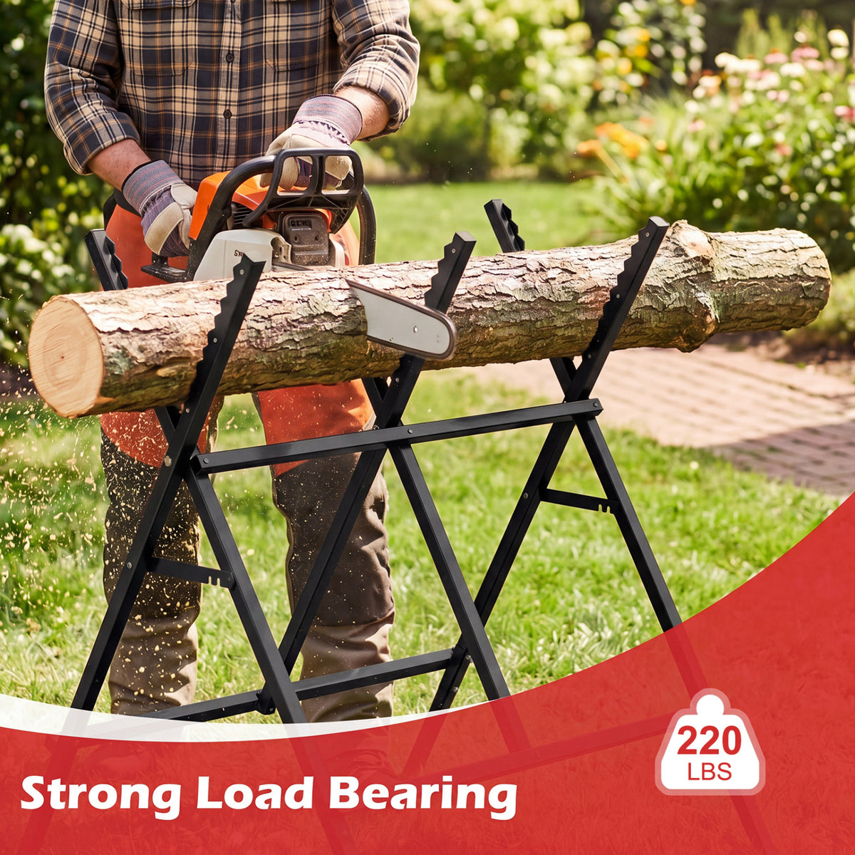 Folding Log Saw Horse with Anti-Slip Sawteeth and Non-Slip Foot Pads Heavy Duty