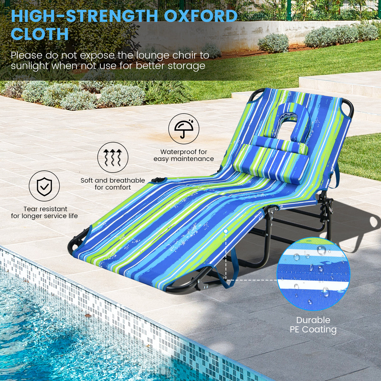 Beach Chaise Lounge Chair with Face Hole and Removable Pillow