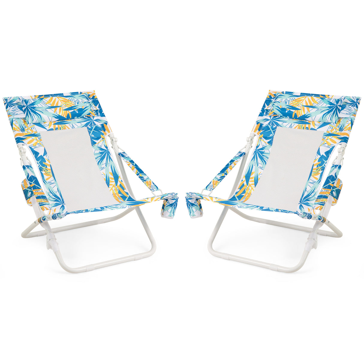 Folding Low Beach Chair Set of 2 Patio Sling Chairs with Padded Head Pillow