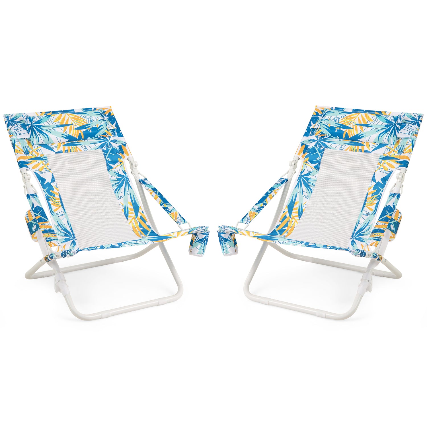 Folding Low Beach Chair Set of 2 Patio Sling Chairs with Padded Head Pillow