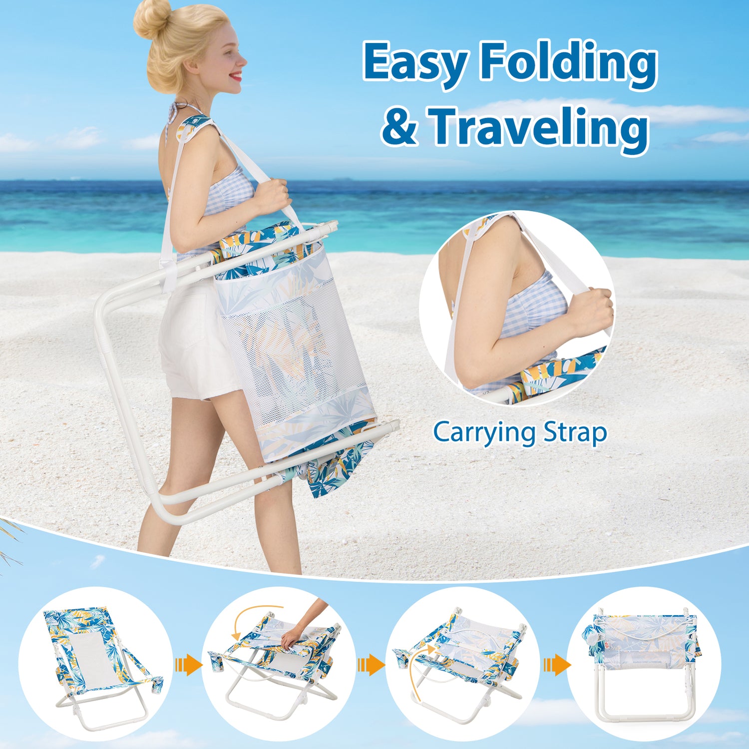 Folding Low Beach Chair Set of 2 Patio Sling Chairs with Padded Head Pillow