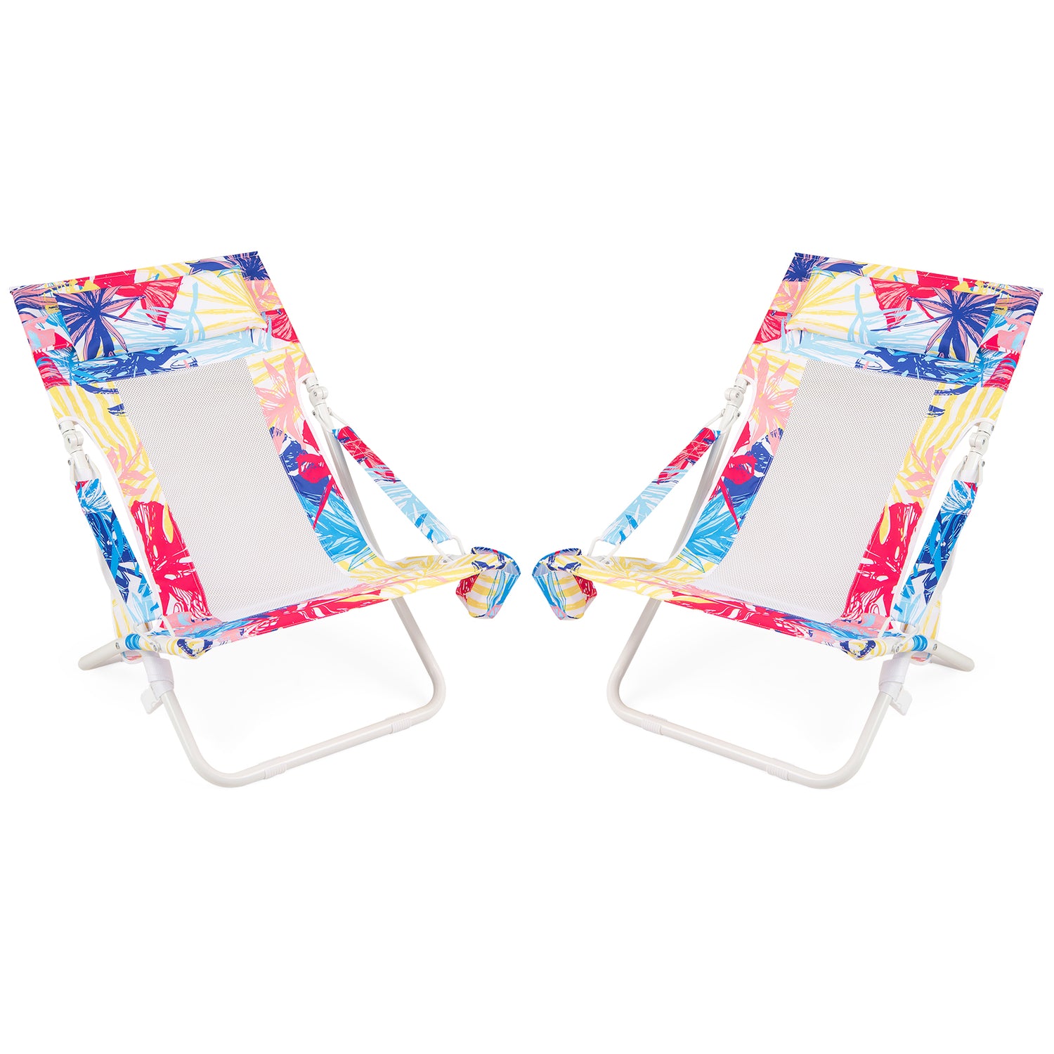 Folding Low Beach Chair Set of 2 Patio Sling Chairs with Padded Head Pillow