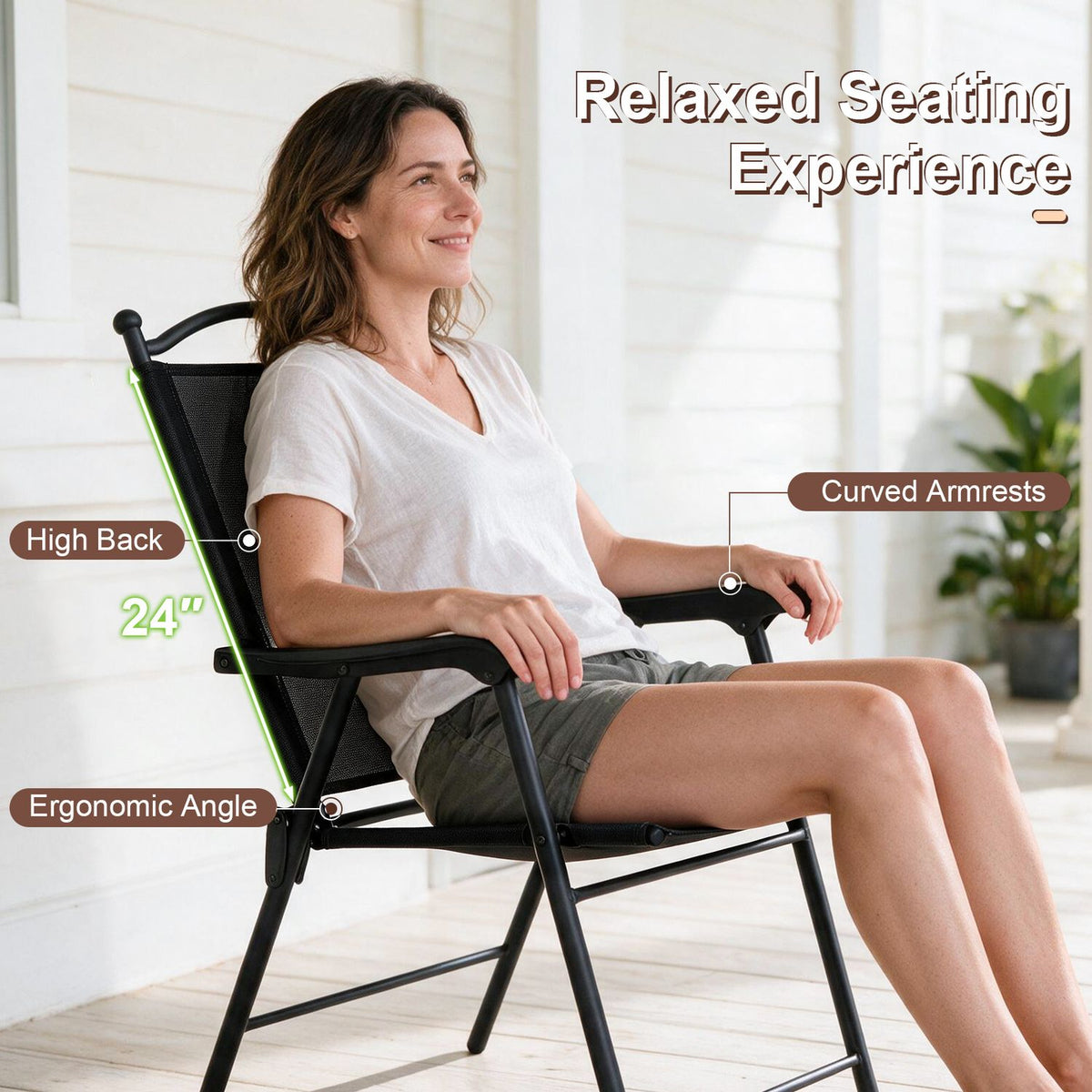 Folding Patio Chairs Set of 4 Outdoor Lawn Deck Seats with Armrests High Back-Black
