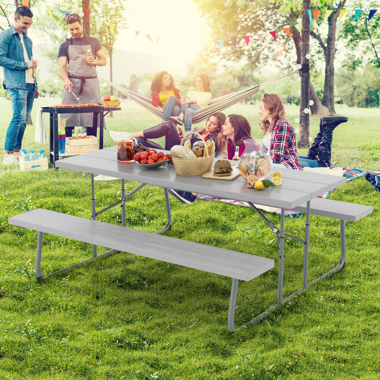 Folding Picnic Table Set with Metal Frame and All-Weather HDPE Tabletop Umbrella Hole
