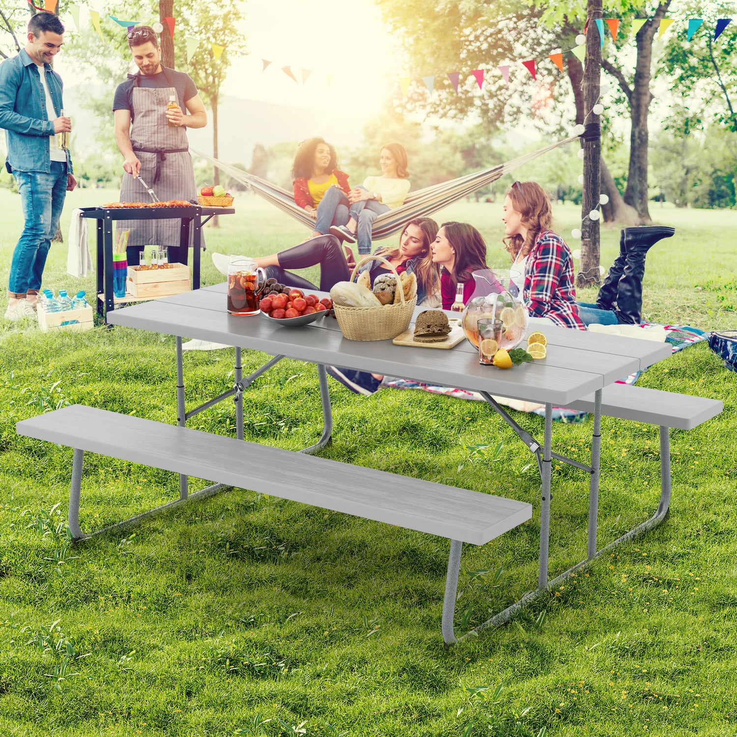 Folding Picnic Table Set with Metal Frame and All-Weather HDPE Tabletop Umbrella Hole