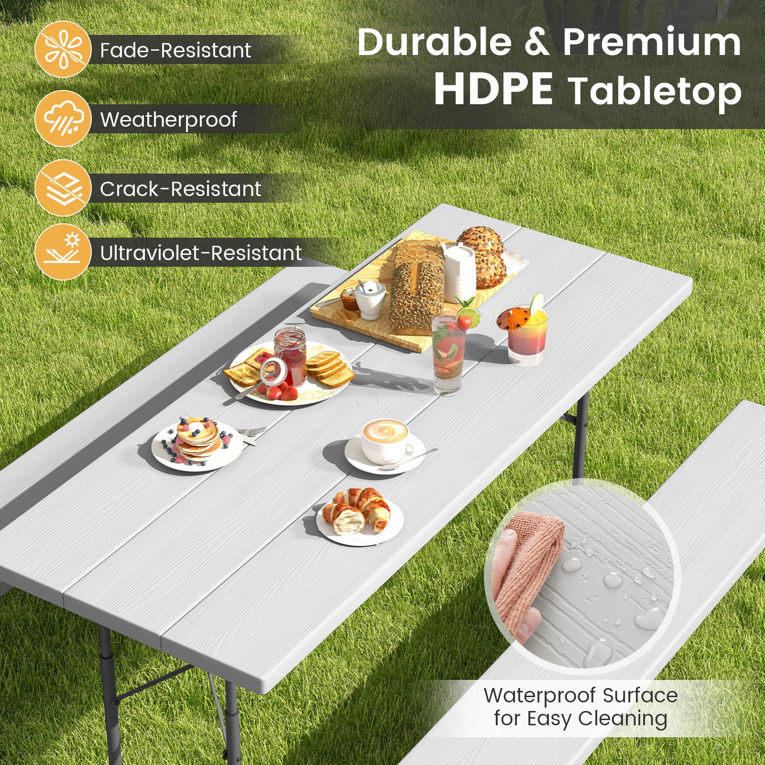 Folding Picnic Table Set with Metal Frame and All-Weather HDPE Tabletop Umbrella Hole