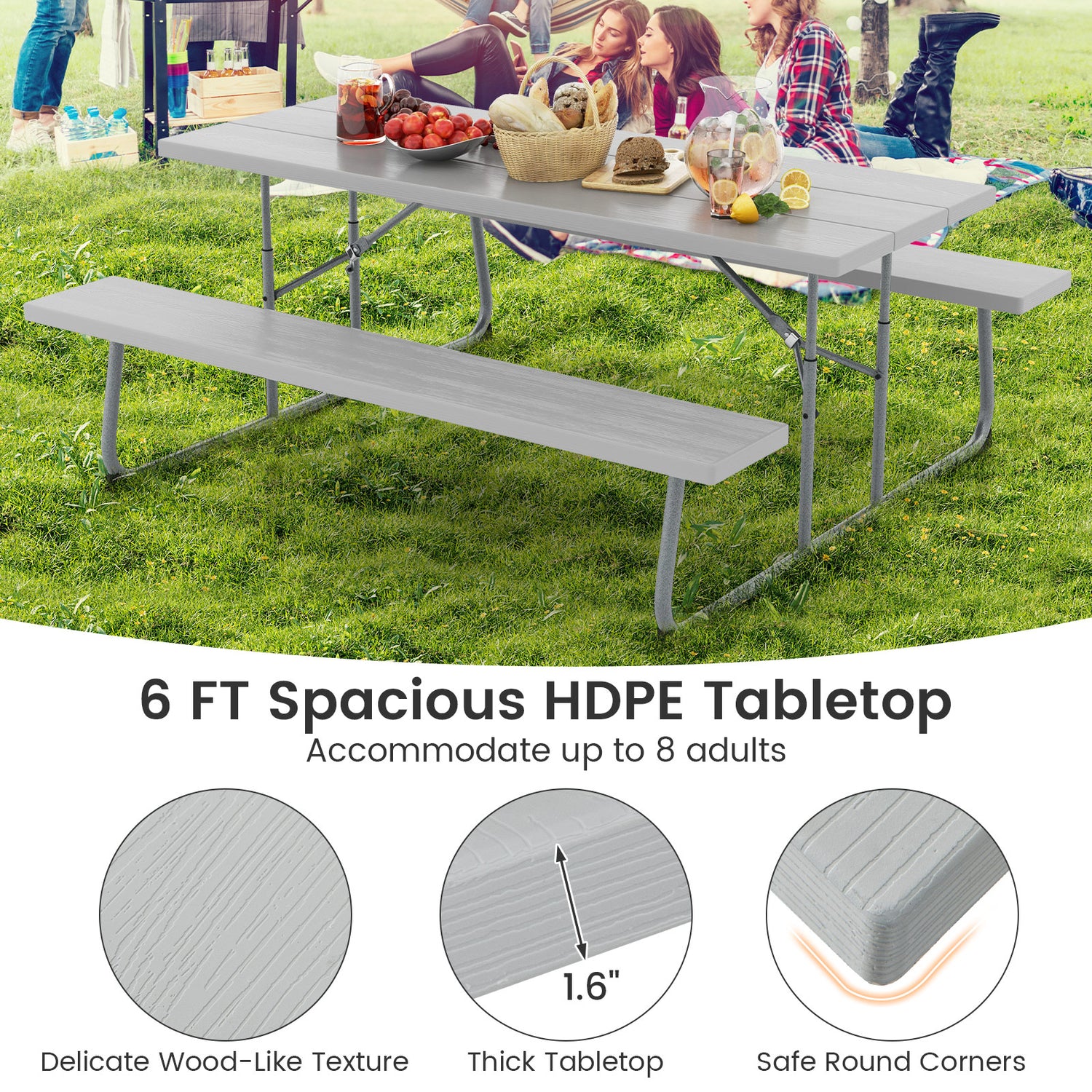 Folding Picnic Table Set with Metal Frame and All-Weather HDPE Tabletop Umbrella Hole