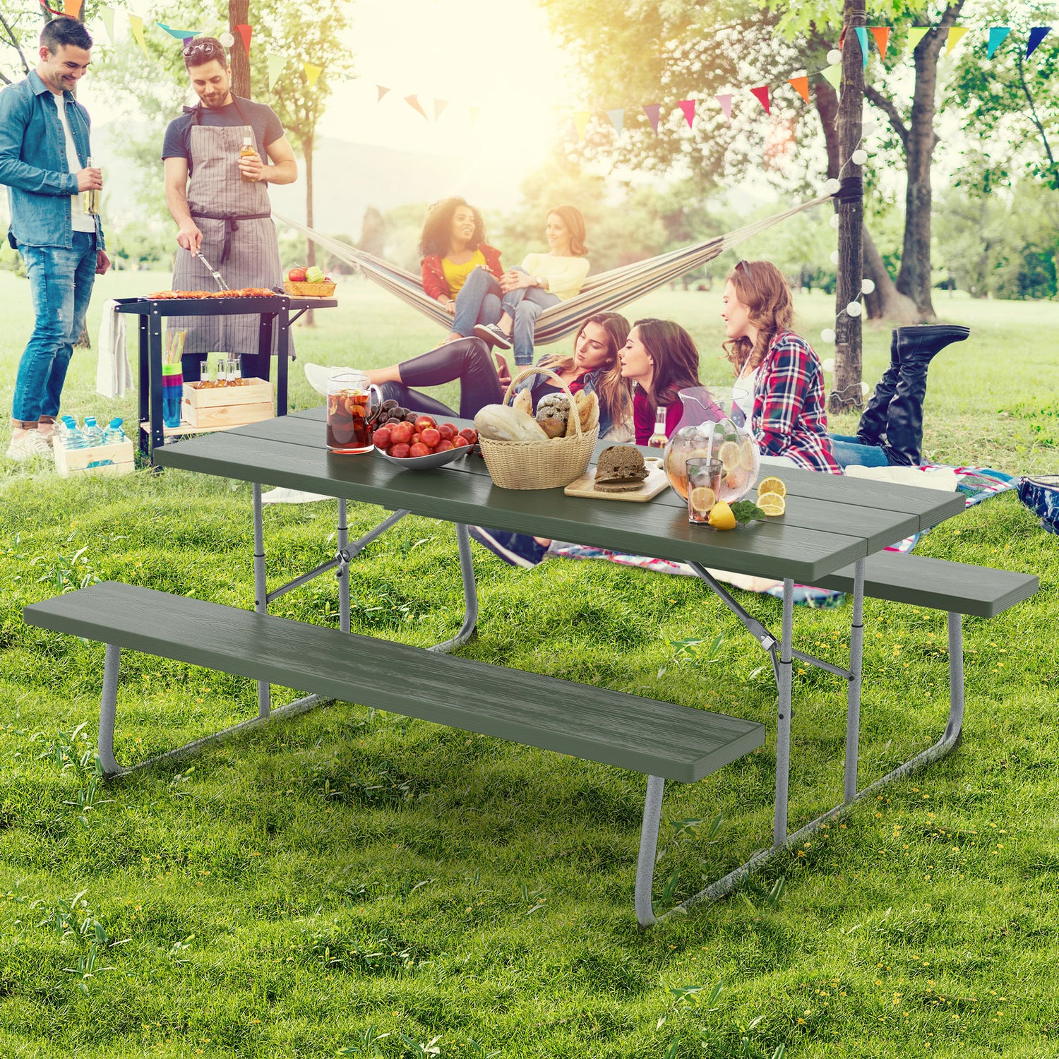 Folding Picnic Table Set with Metal Frame and All-Weather HDPE Tabletop Umbrella Hole