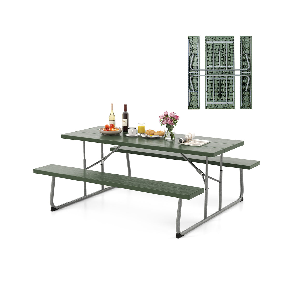 Folding Picnic Table Set with Metal Frame and All-Weather HDPE Tabletop Umbrella Hole
