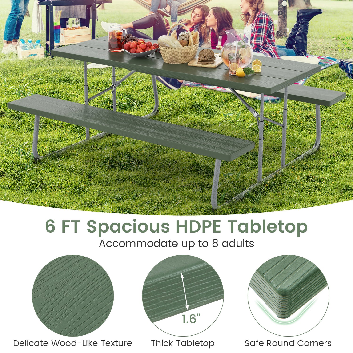 Folding Picnic Table Set with Metal Frame and All-Weather HDPE Tabletop Umbrella Hole