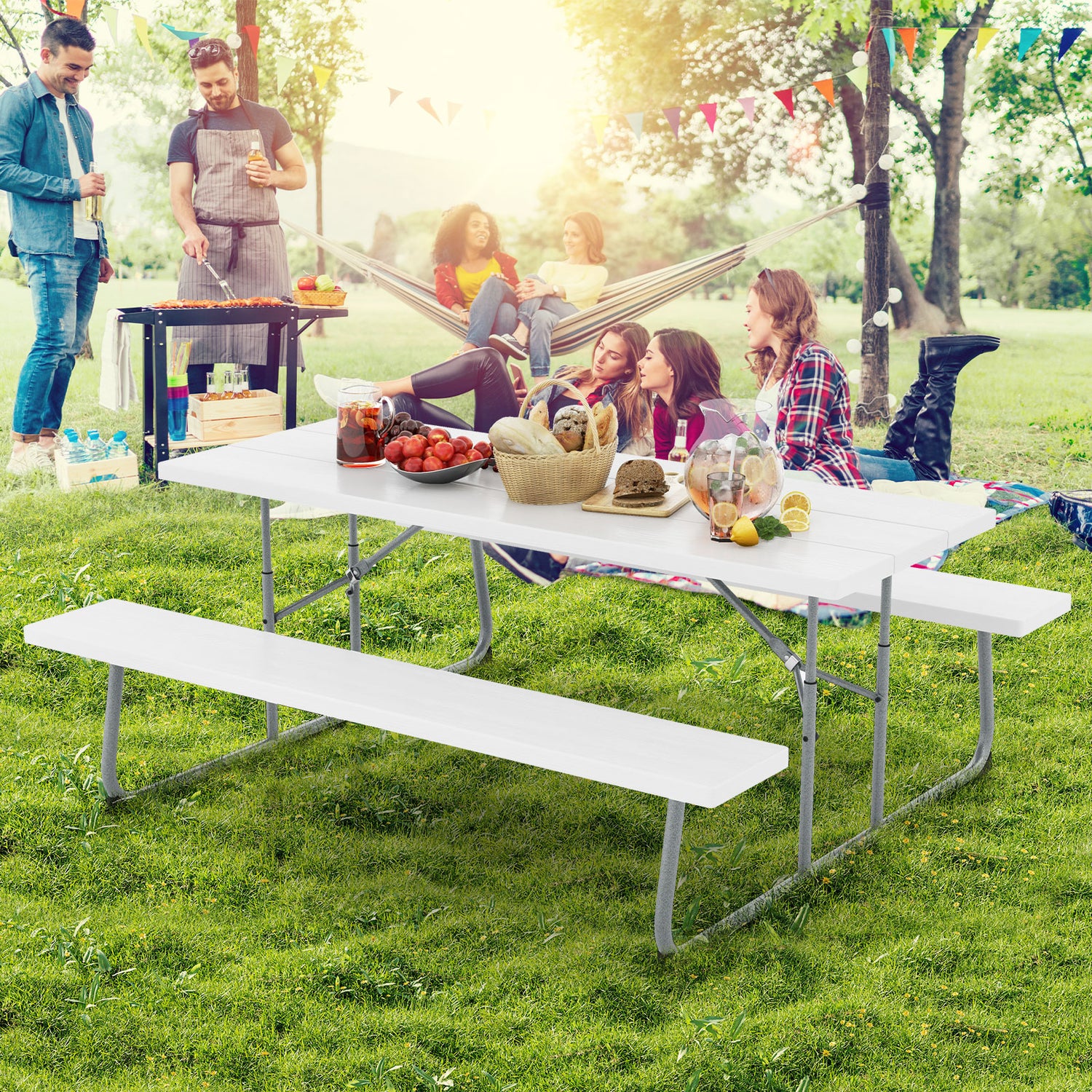 Folding Picnic Table Set with Metal Frame and All-Weather HDPE Tabletop Umbrella Hole