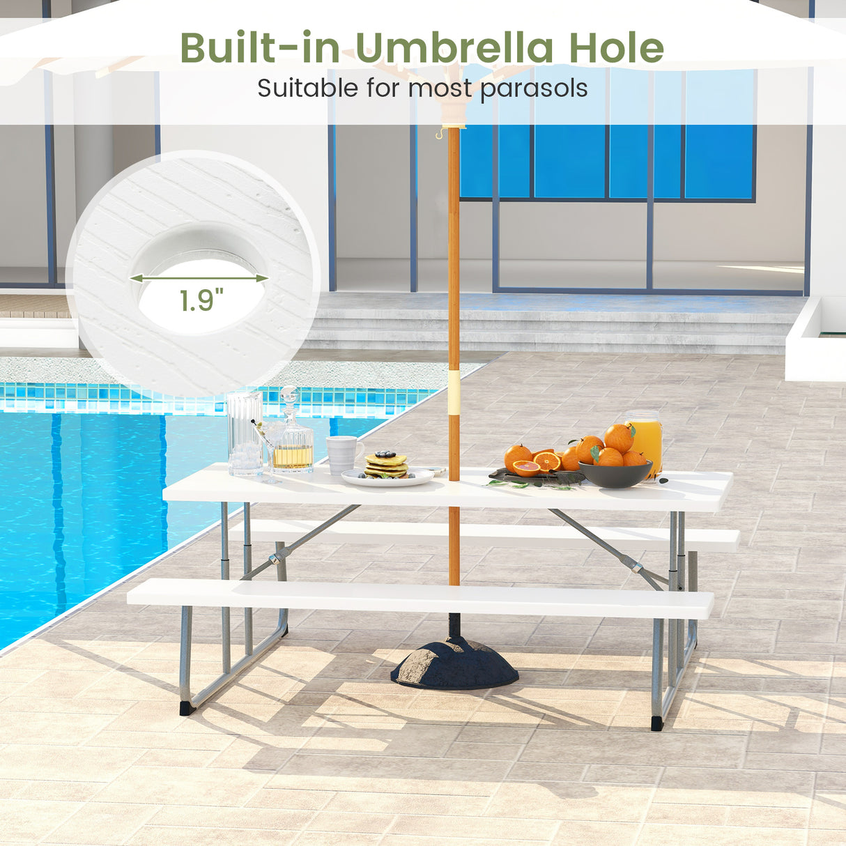 Folding Picnic Table Set with Metal Frame and All-Weather HDPE Tabletop Umbrella Hole