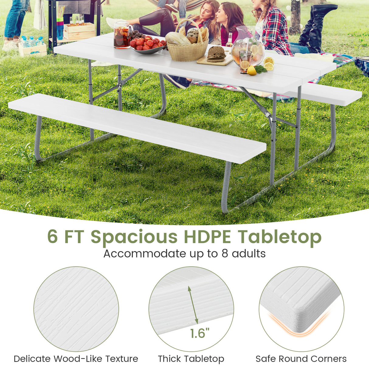Folding Picnic Table Set with Metal Frame and All-Weather HDPE Tabletop Umbrella Hole