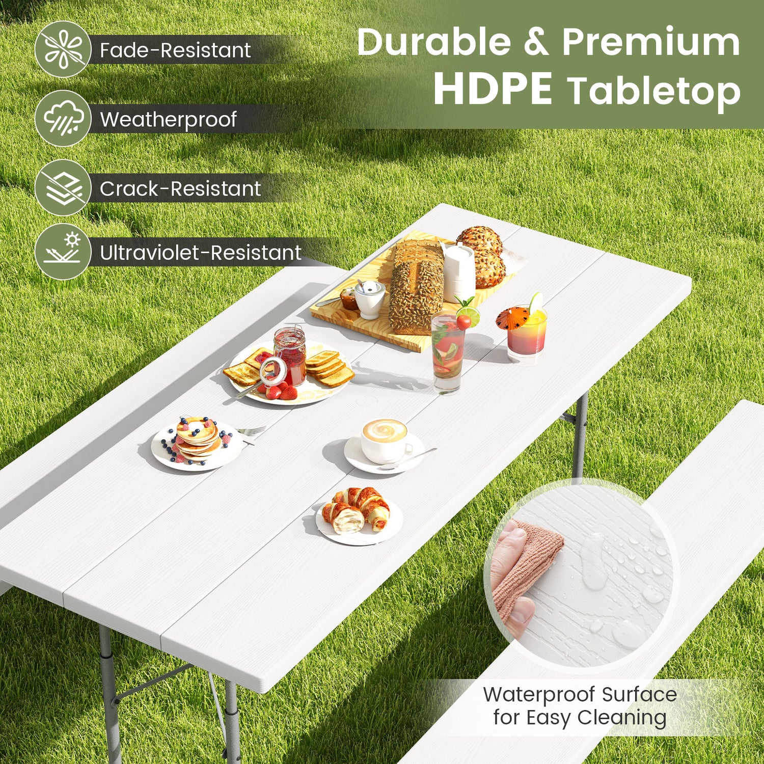 Folding Picnic Table Set with Metal Frame and All-Weather HDPE Tabletop Umbrella Hole