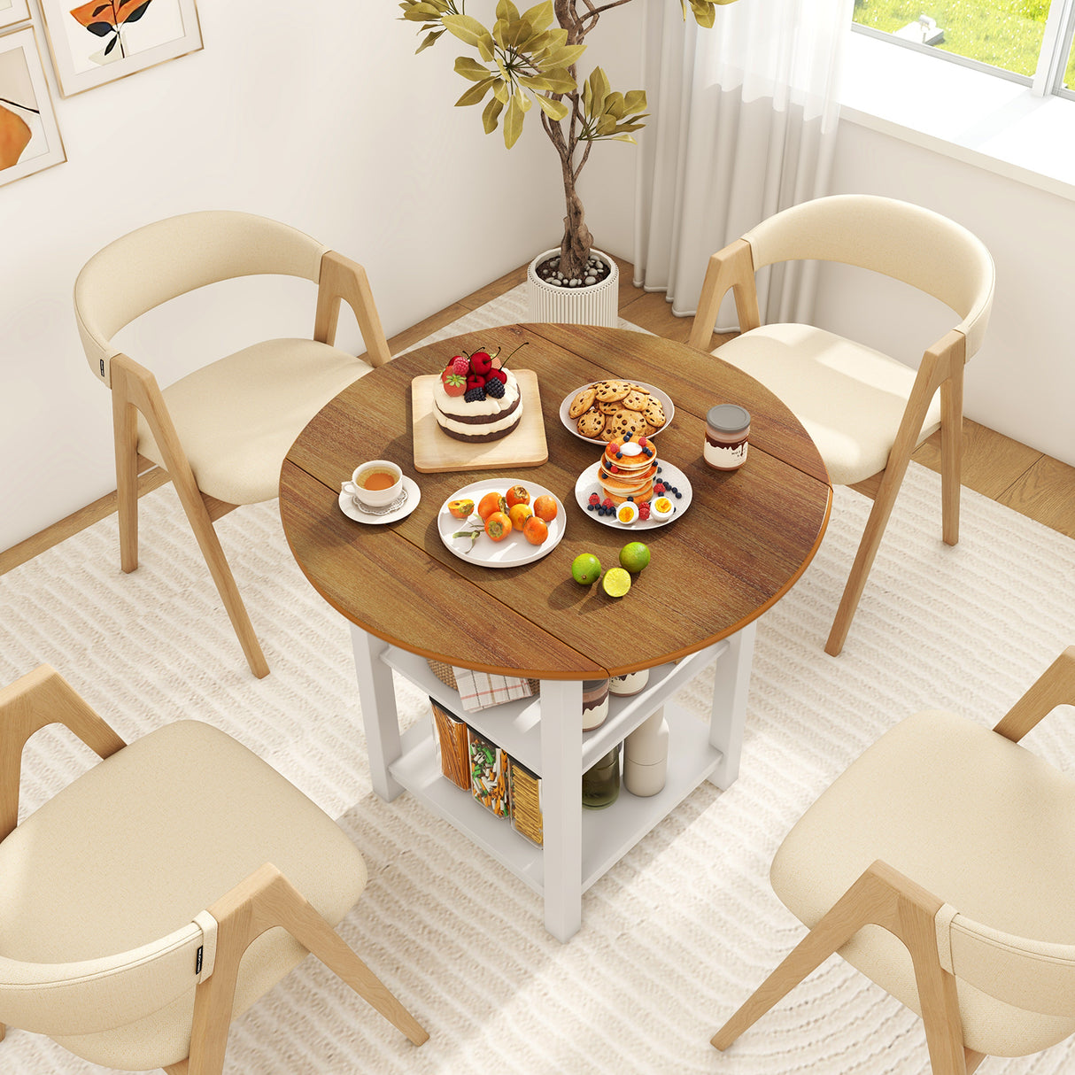 Folding Round Dining Table Drop Leaf Table with 2 Shelves for Small Spaces-White