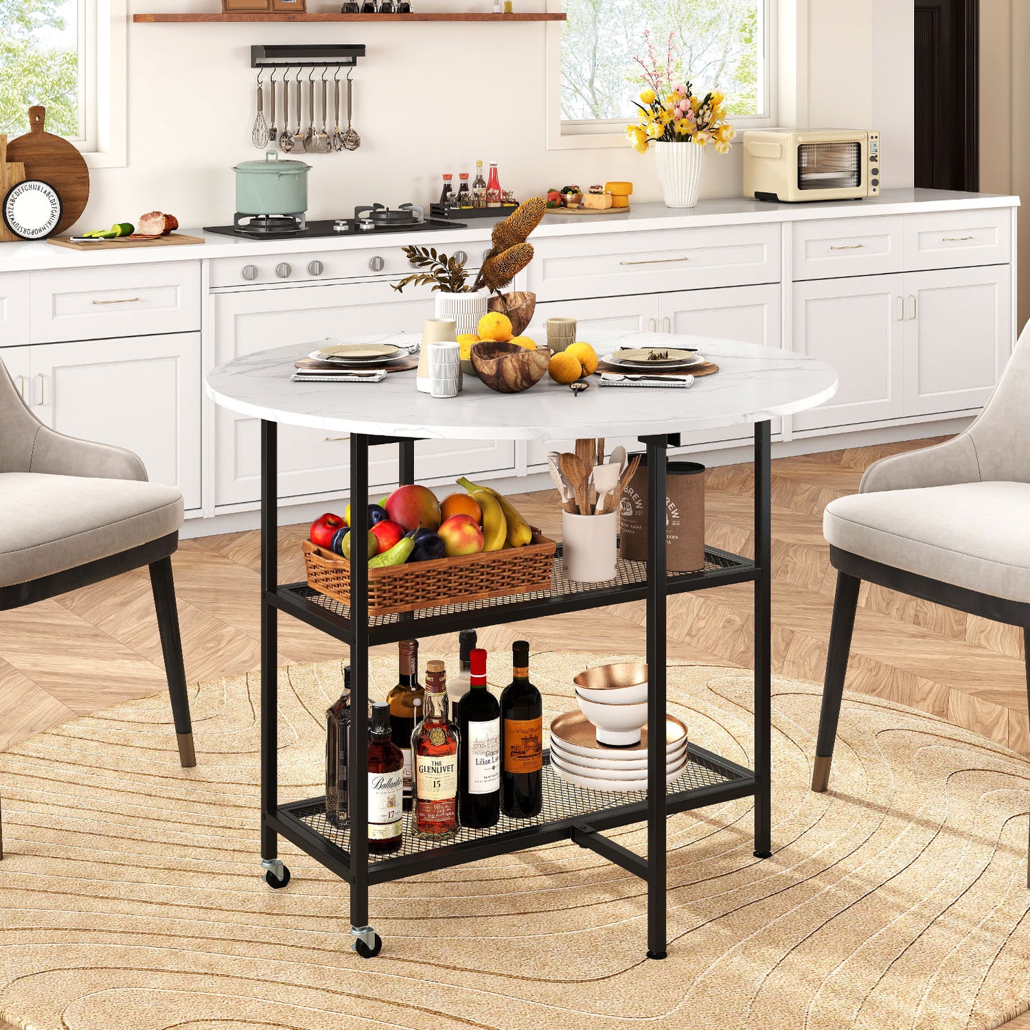 Folding Round Dining Table with Lockable Wheels