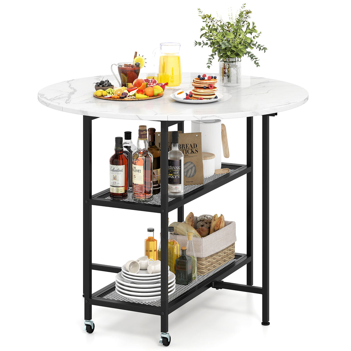 Folding Round Dining Table with Lockable Wheels
