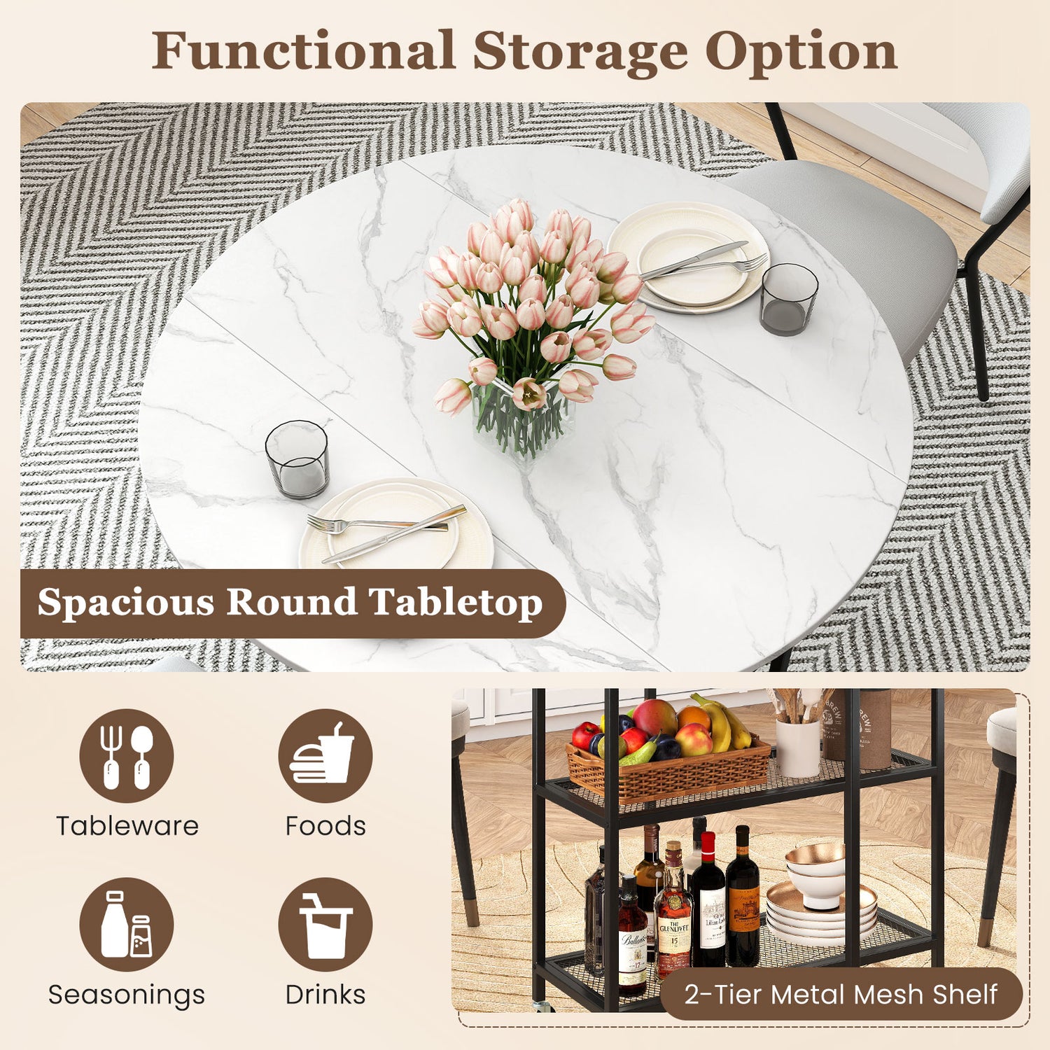 Folding Round Dining Table with Lockable Wheels