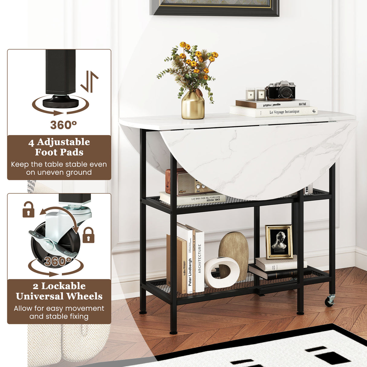 Folding Round Dining Table with Lockable Wheels