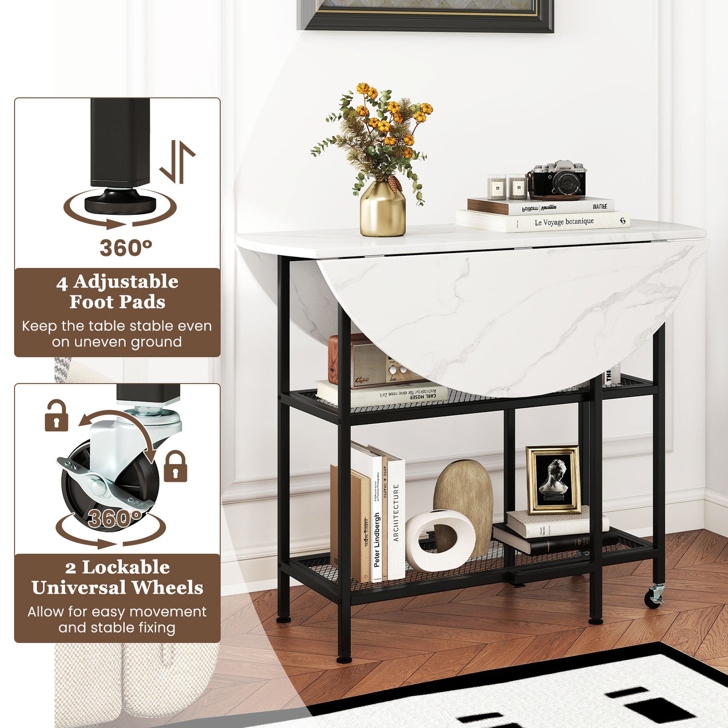 Folding Round Dining Table with Lockable Wheels