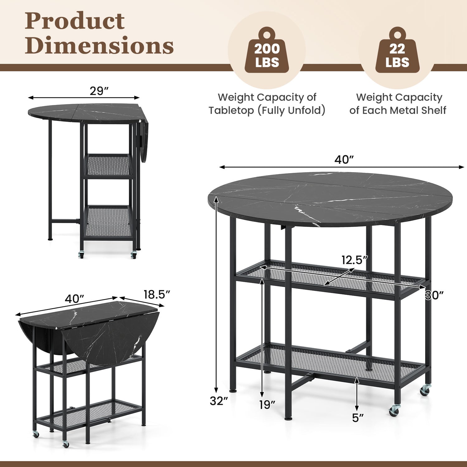 Folding Round Dining Table with Lockable Wheels