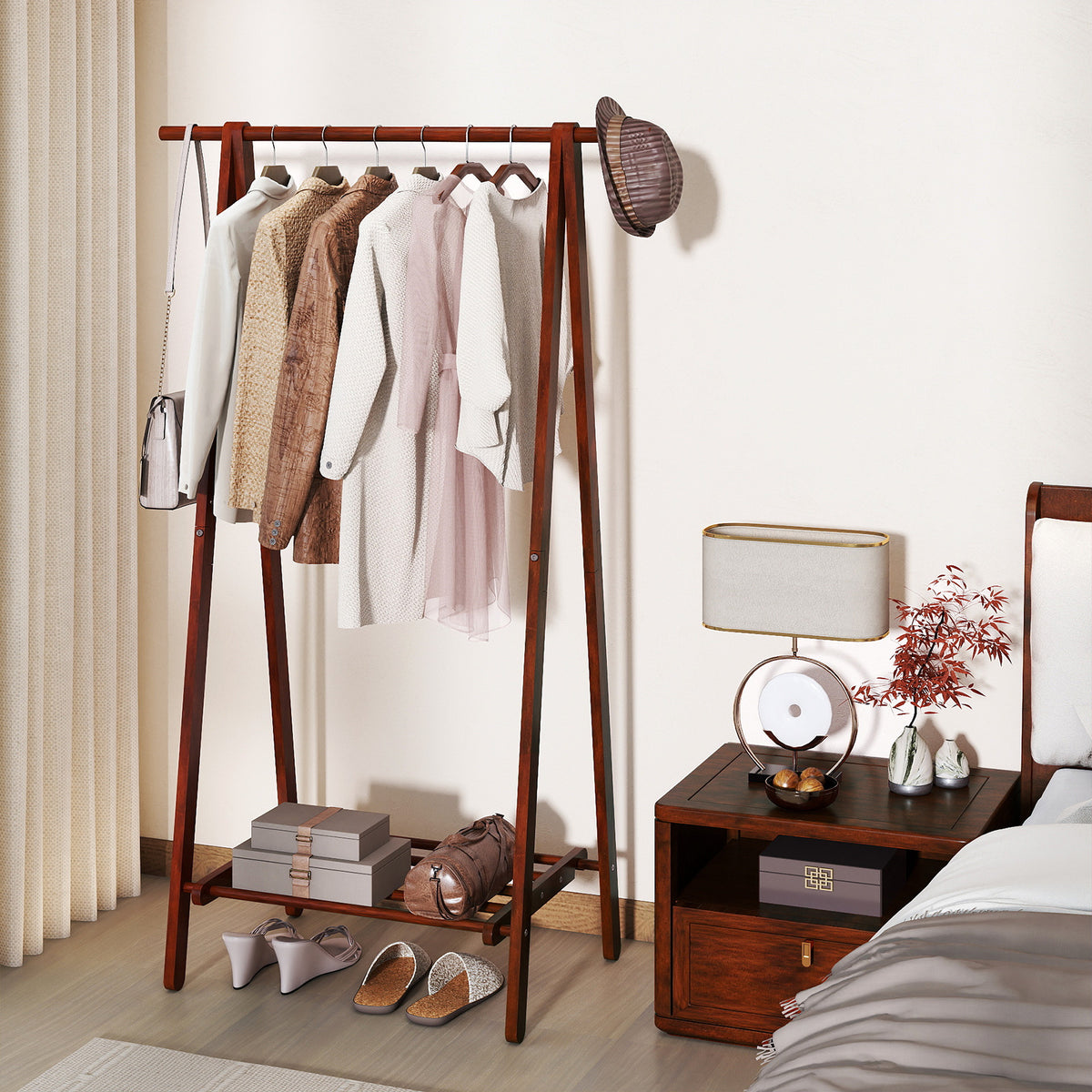 Folding Rubber Wood Clothes Hanging Rack Standing Garment Rack with Bottom Storage Shelf-Walnut