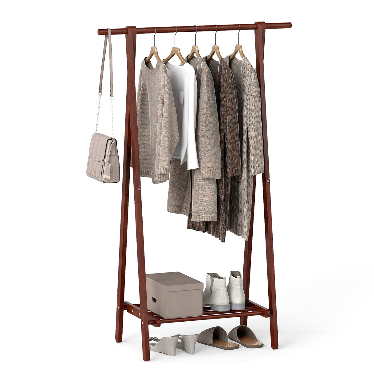 Folding Rubber Wood Clothes Hanging Rack Standing Garment Rack with Bottom Storage Shelf-Walnut