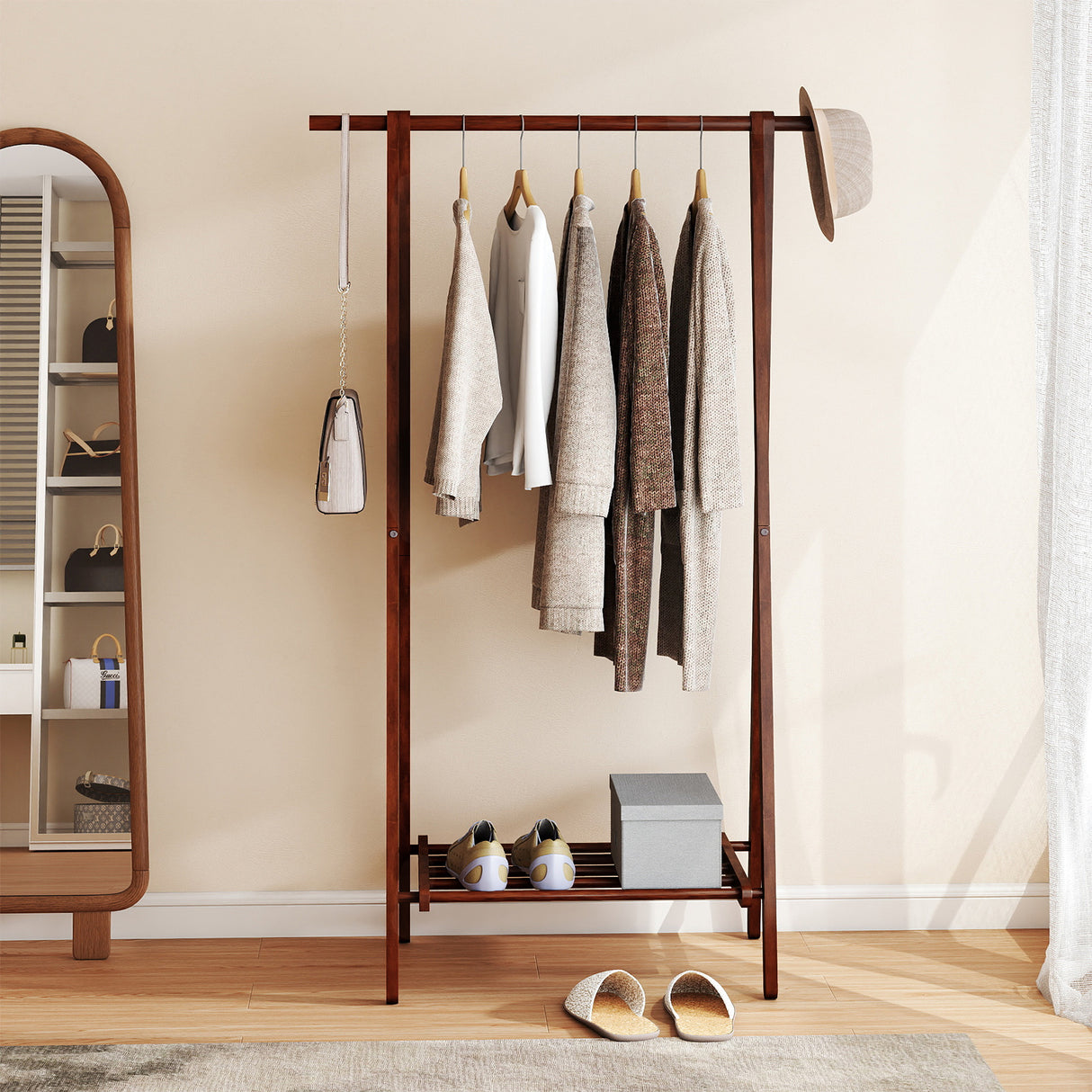 Folding Rubber Wood Clothes Hanging Rack Standing Garment Rack with Bottom Storage Shelf-Walnut