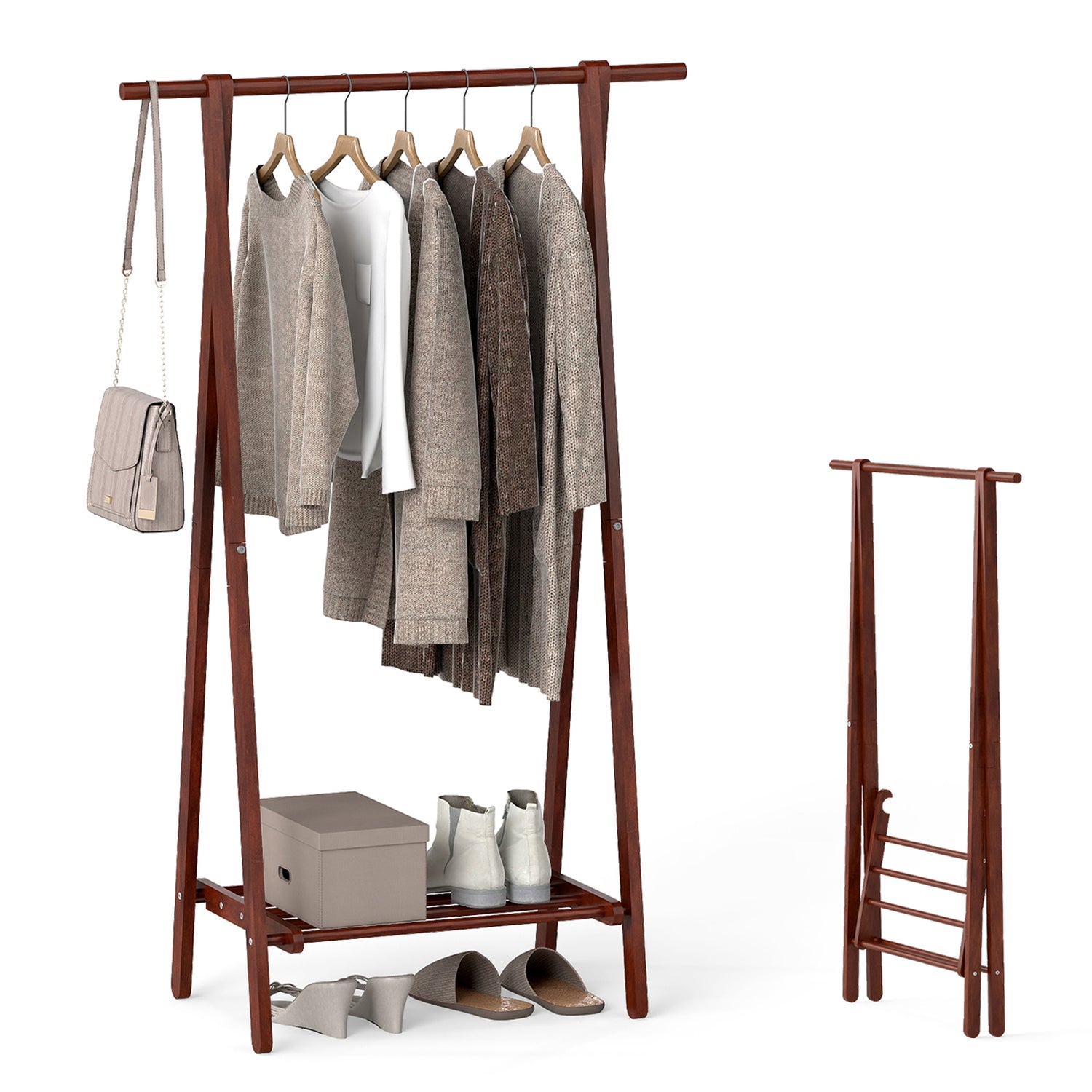 Folding Rubber Wood Clothes Hanging Rack Standing Garment Rack with Bottom Storage Shelf-Walnut