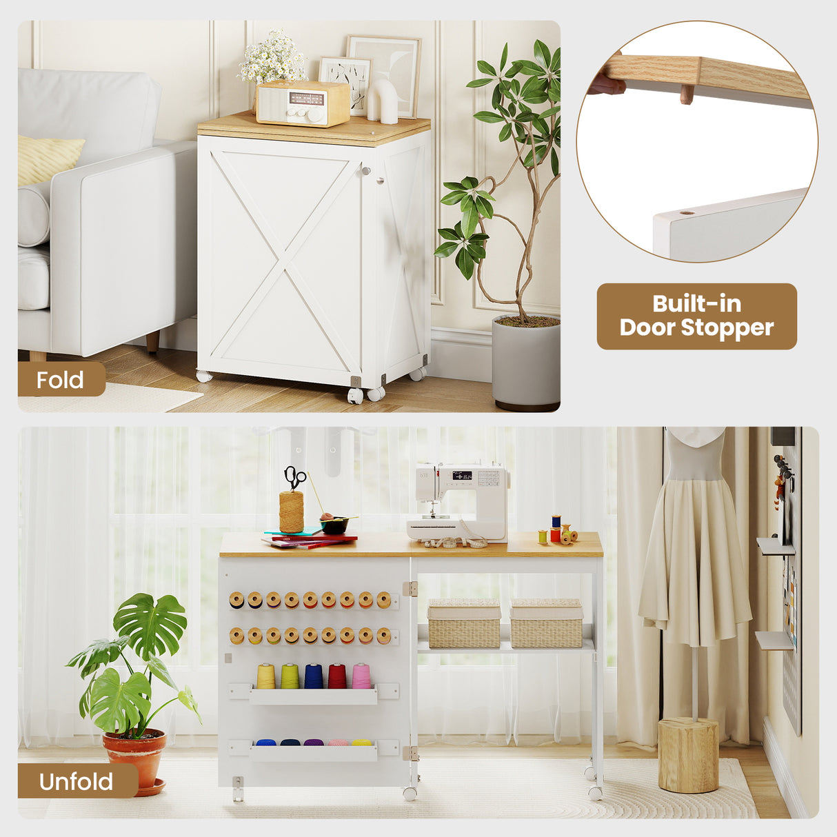 Folding Sewing Table with Storage Shelf and 5 Lockable Wheels