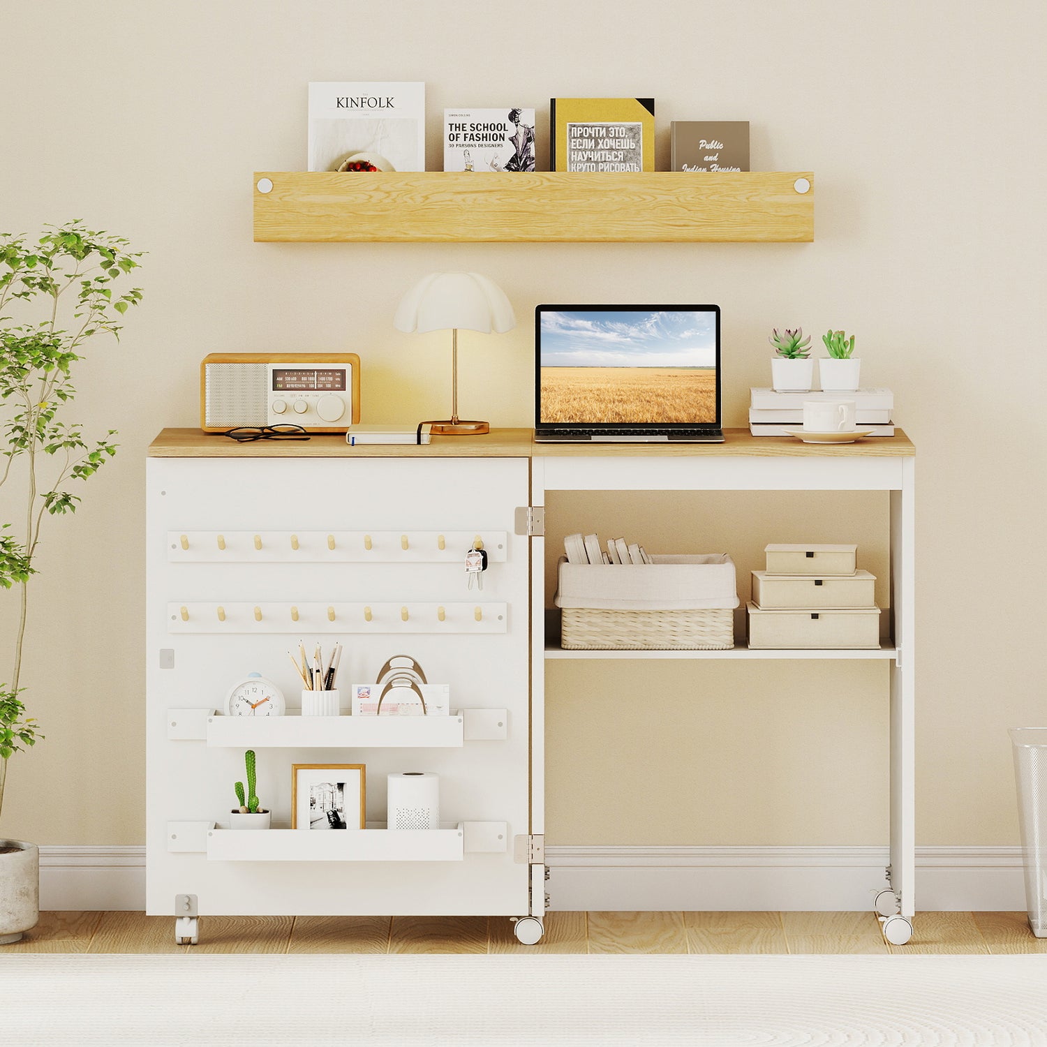 Folding Sewing Table with Storage Shelf and 5 Lockable Wheels
