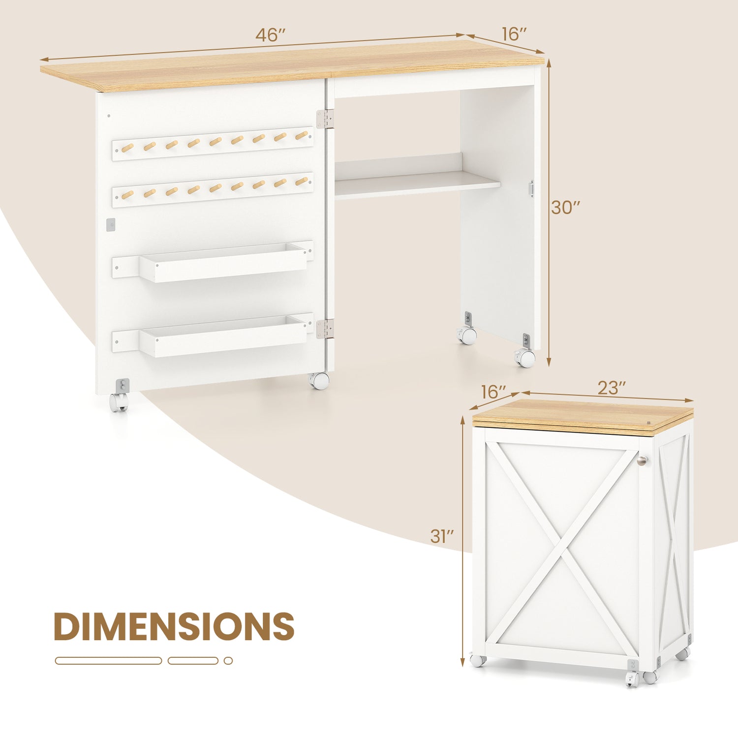 Folding Sewing Table with Storage Shelf and 5 Lockable Wheels