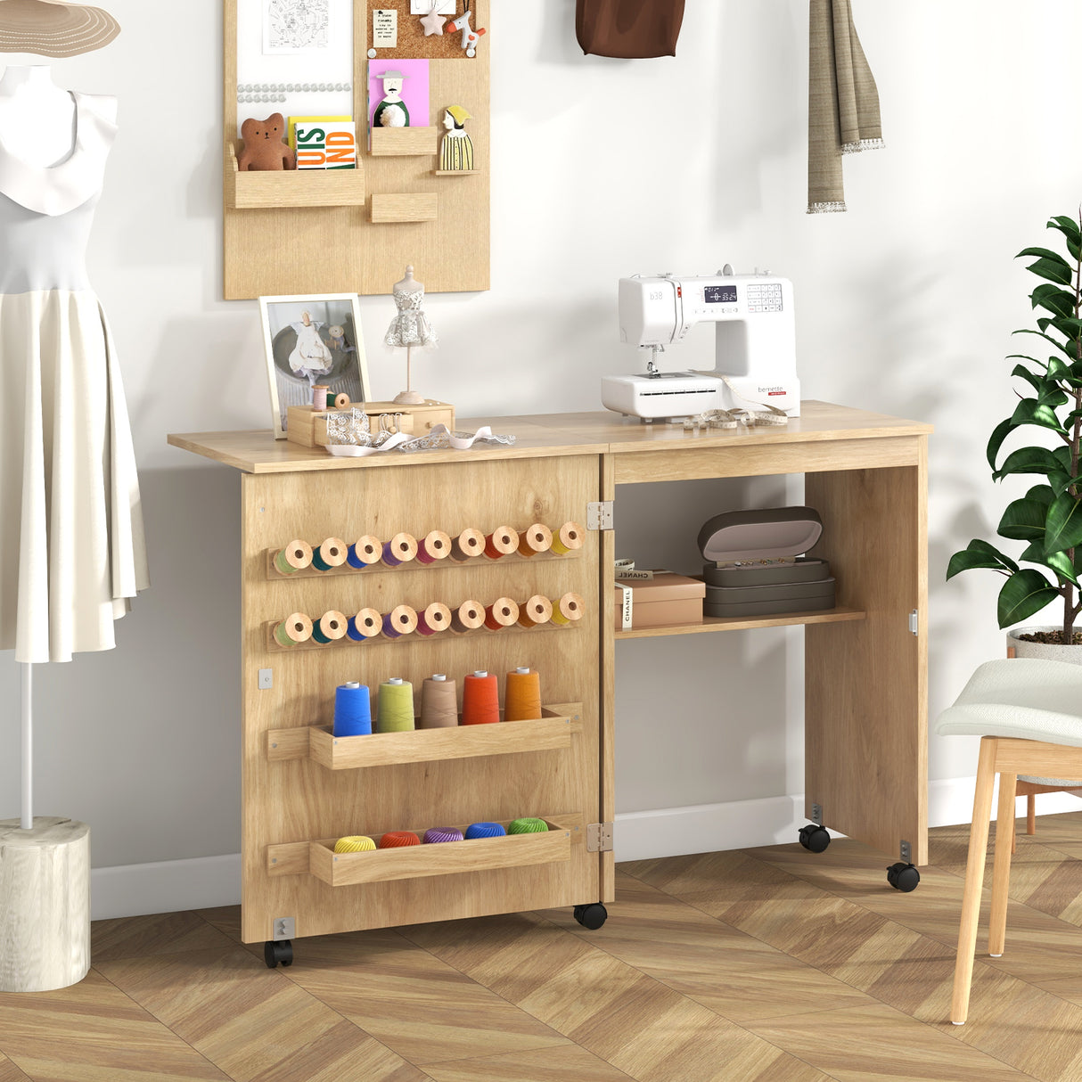 Folding Sewing Table with Storage Shelf and 5 Lockable Wheels
