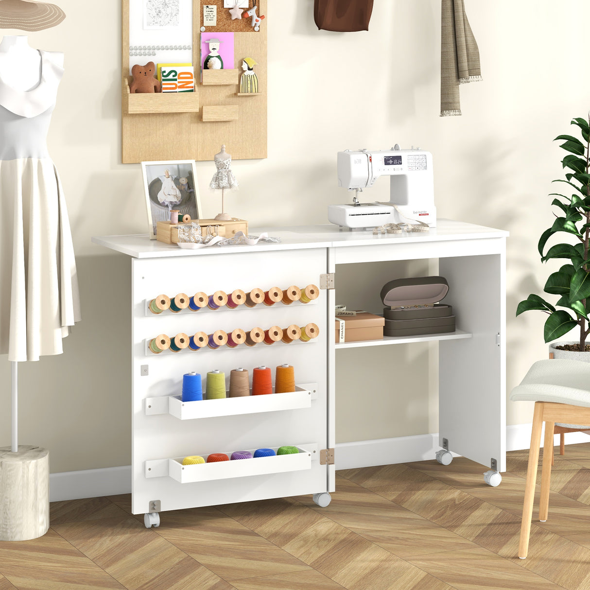 Folding Sewing Table with Storage Shelf and 5 Lockable Wheels