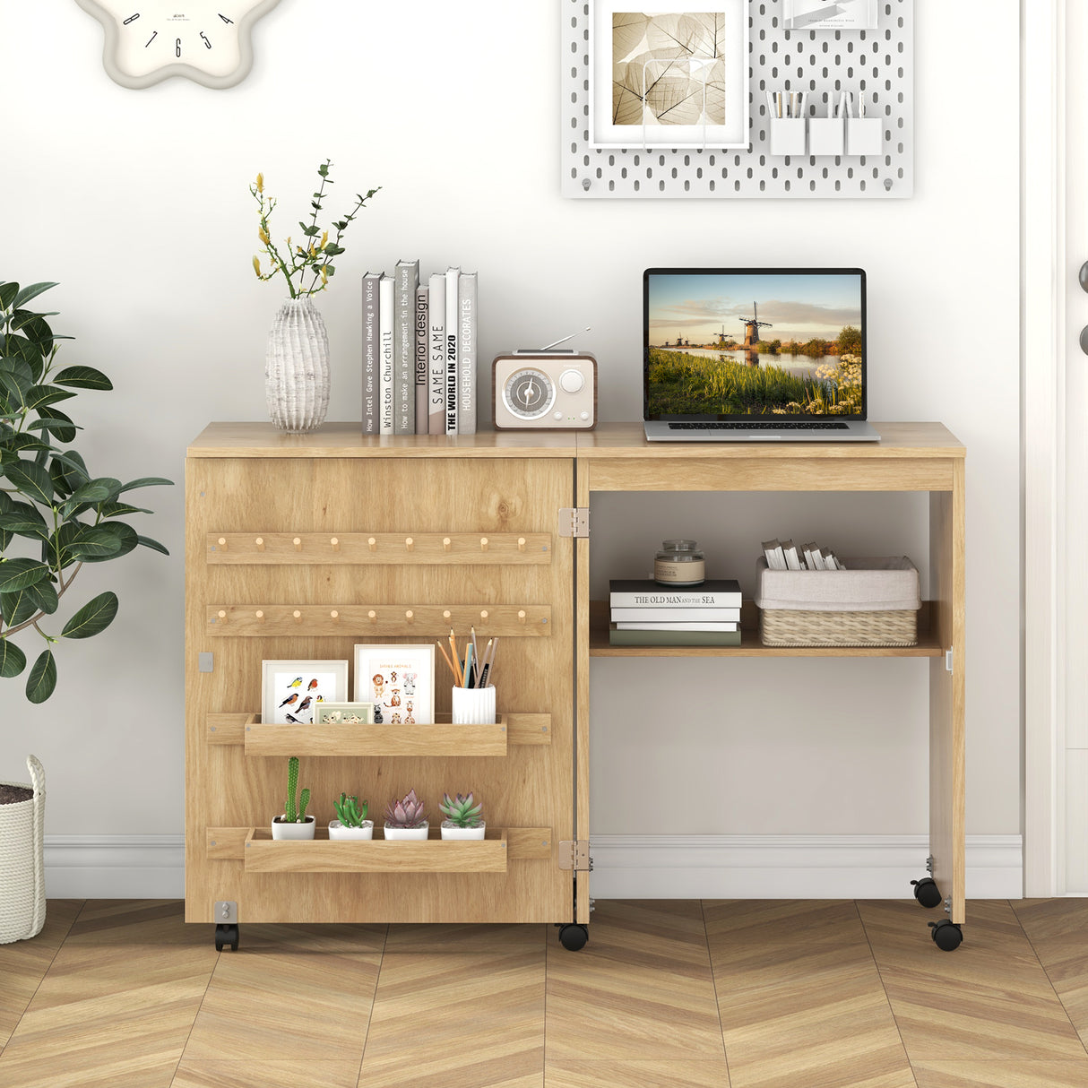Folding Sewing Table with Storage Shelf and 5 Lockable Wheels