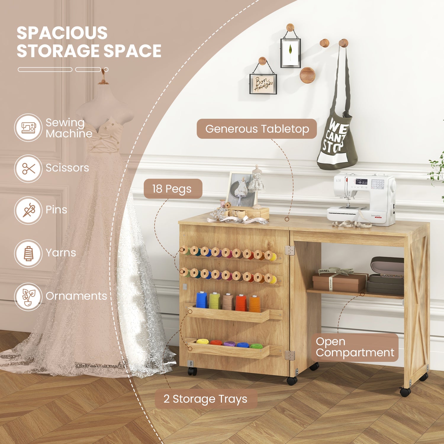 Folding Sewing Table with Storage Shelf and 5 Lockable Wheels