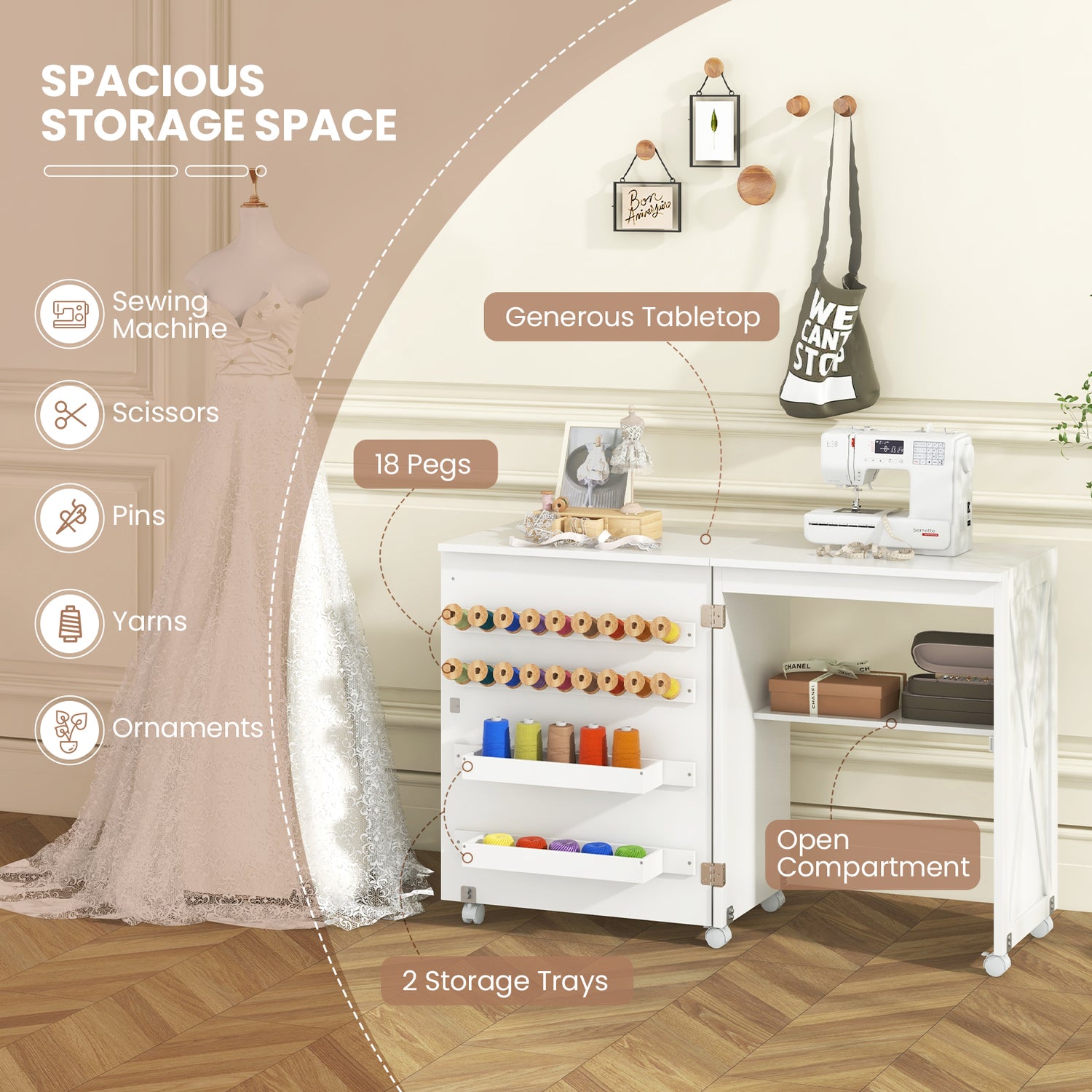 Folding Sewing Table with Storage Shelf and 5 Lockable Wheels