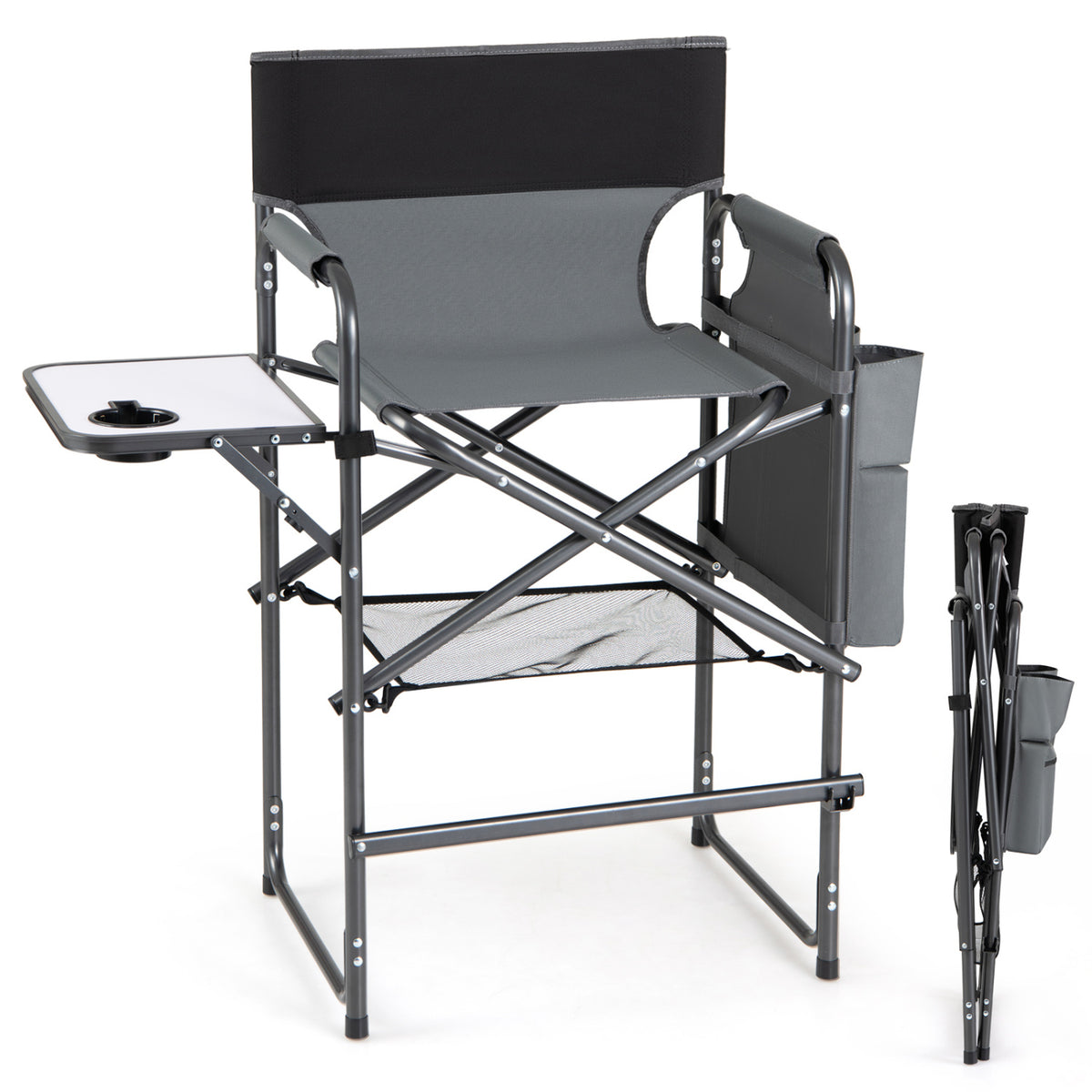 Folding Tall Director Chair 26 Inch Seat Height Portable Camping Chair with Side Table-Gray